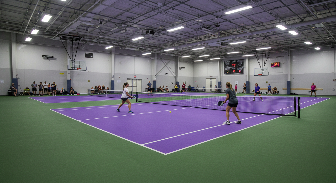 pickleball players playing in an indoor court