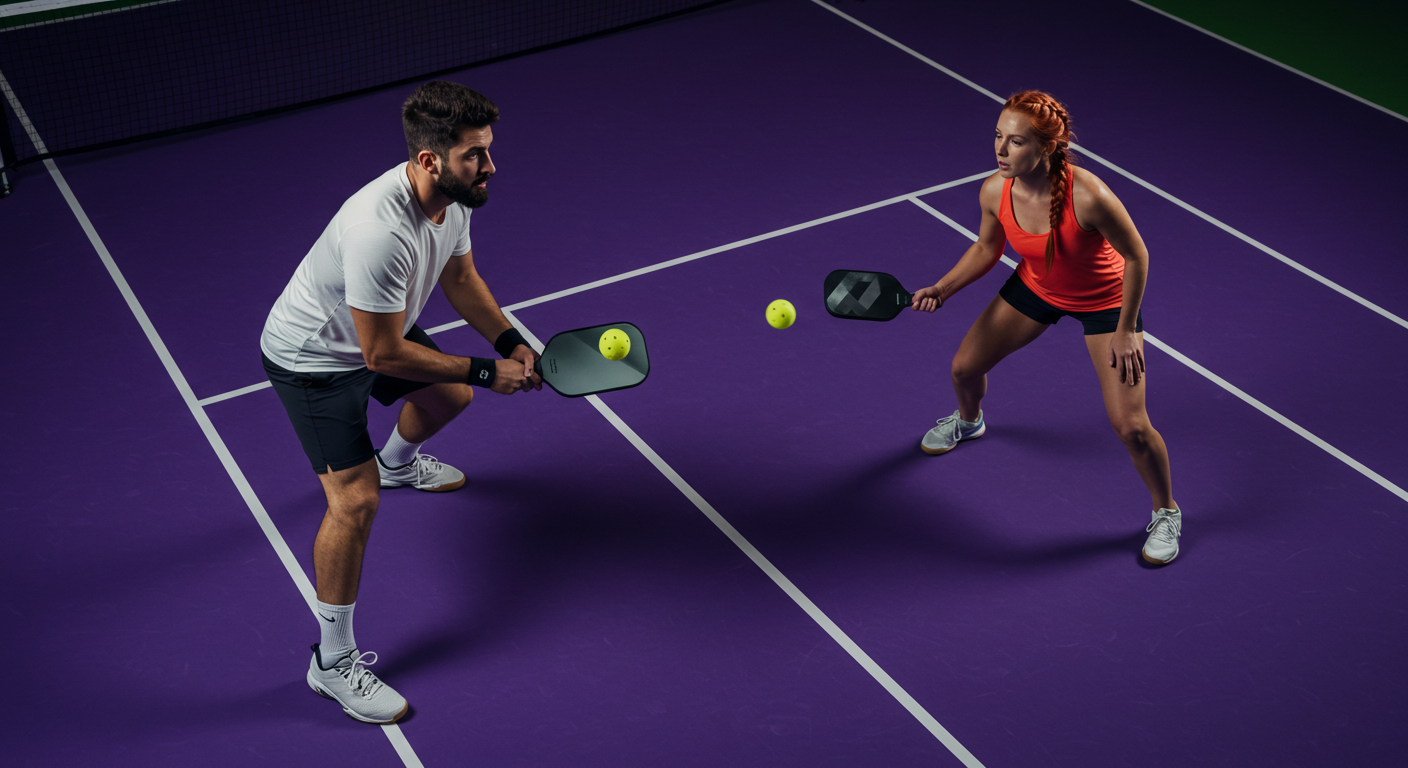man and woman doing pickleball drills in indoor court