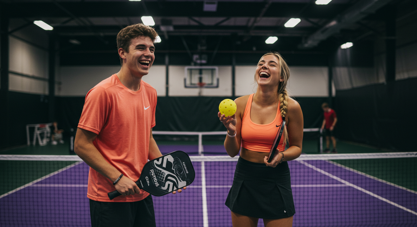 pickleball players sharing delightful moment in an indoor pickleball court