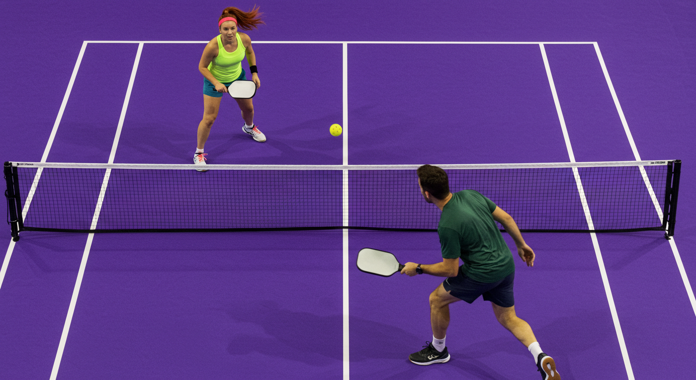man and woman playing pickleball in indoor court