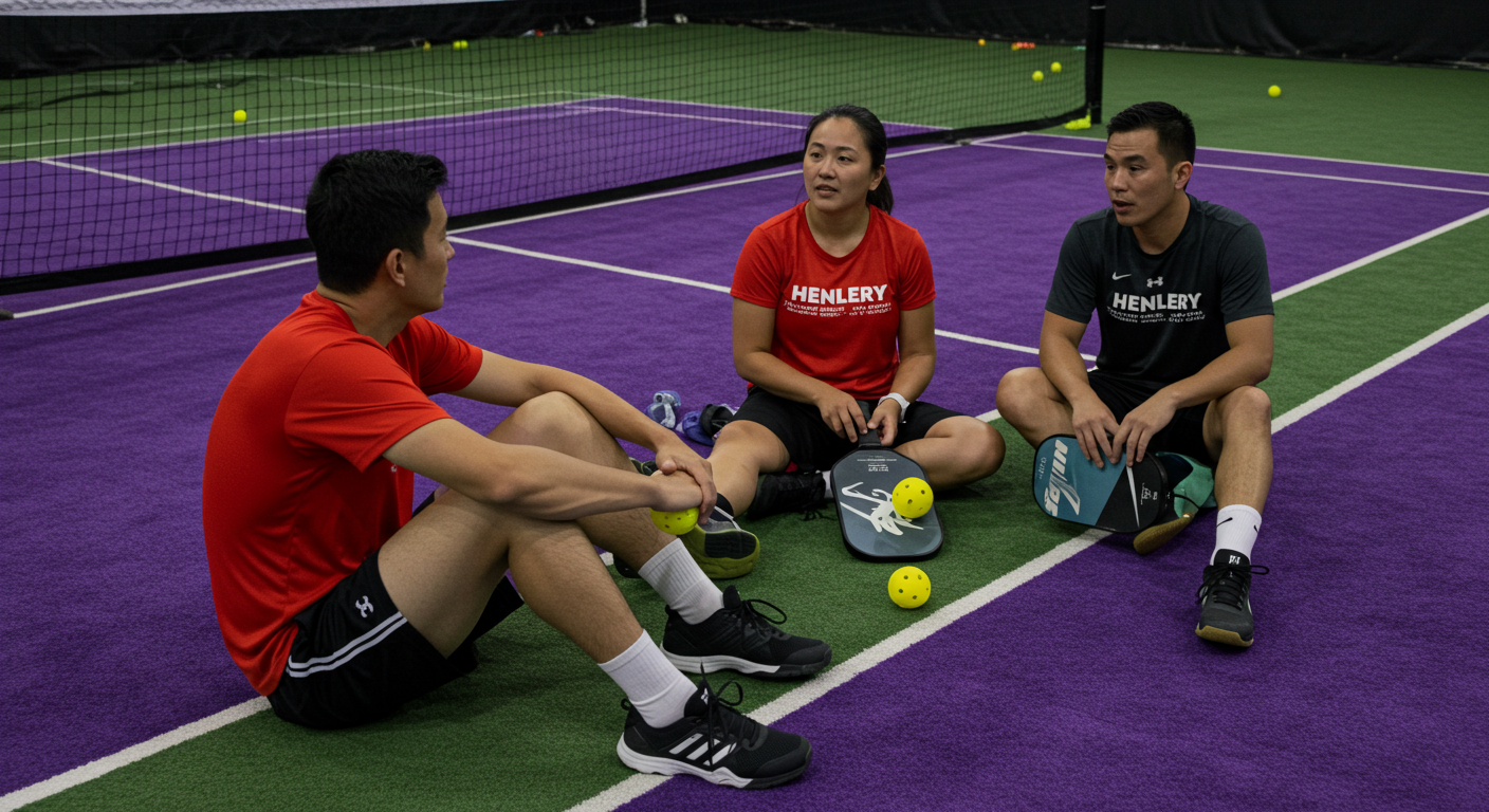 pickleball players sitting on an indoor court with pickleball gear and discussing