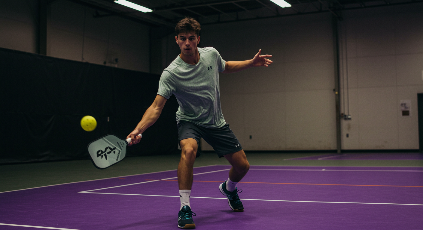 male pickleball player playing in indoor court