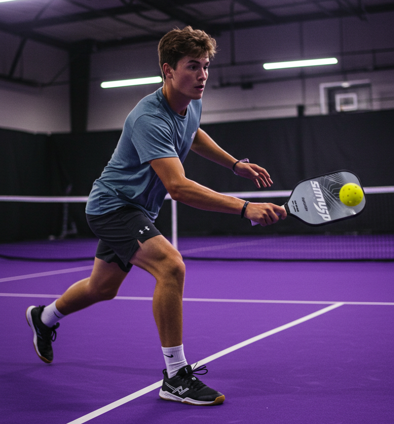 white male playing pickleball in indoor court