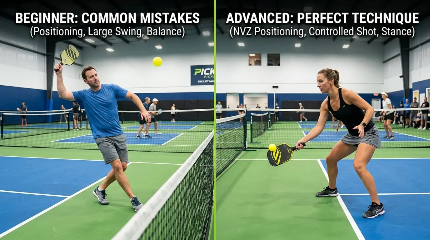 A side-by-side comparison of beginner vs. advanced pickleball technique and positioning.