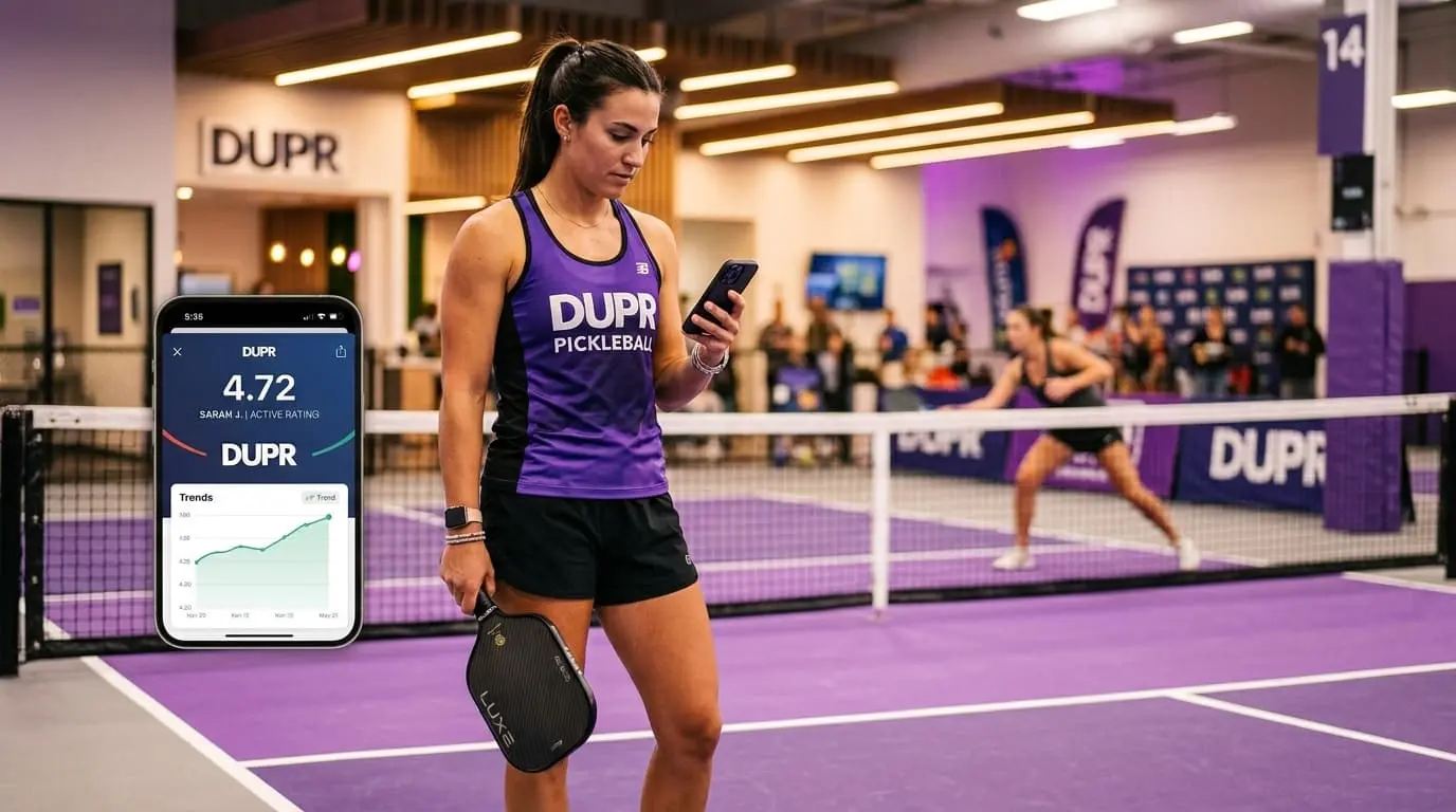 A pickleball player in a purple jersey checks her DUPR rating on her smartphone on a court.