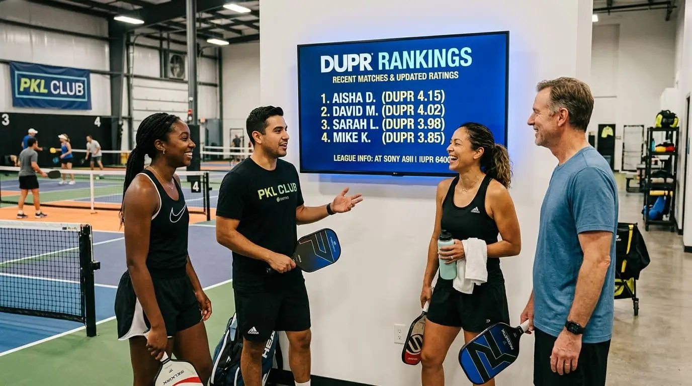 Four pickleball players look at a digital DUPR rankings board inside a PKL Club facility.