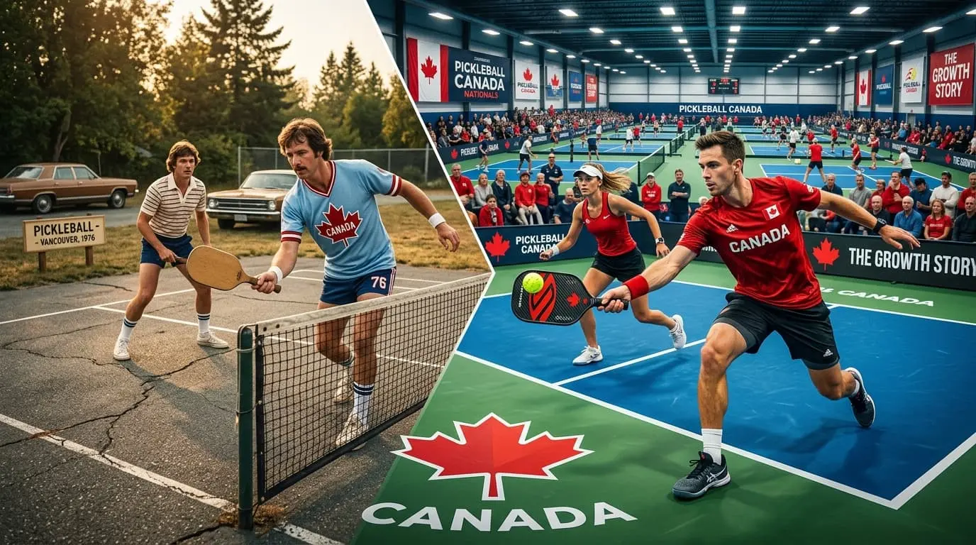 Split image showing pickleball in Canada, from an outdoor 1976 court to a modern indoor tournament.