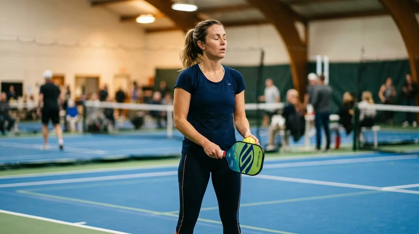 Woman focused on indoor pickleball court, holding paddle and ball.