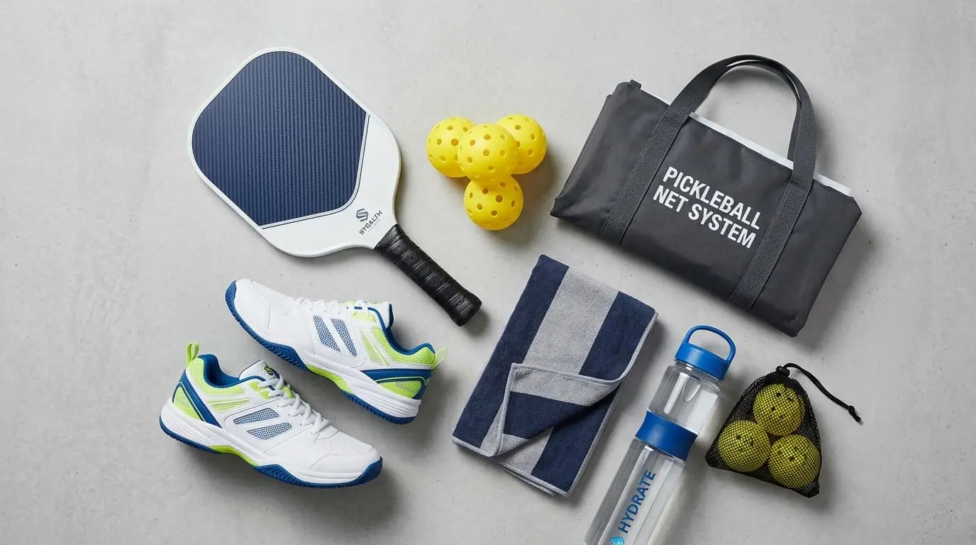 Pickleball gear arrangement including paddle, balls, shoes, net bag, and water bottle.