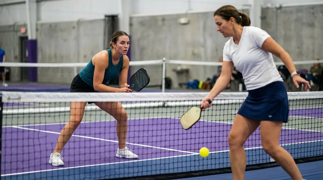 Two women playing pickleball on an indoor purple court.