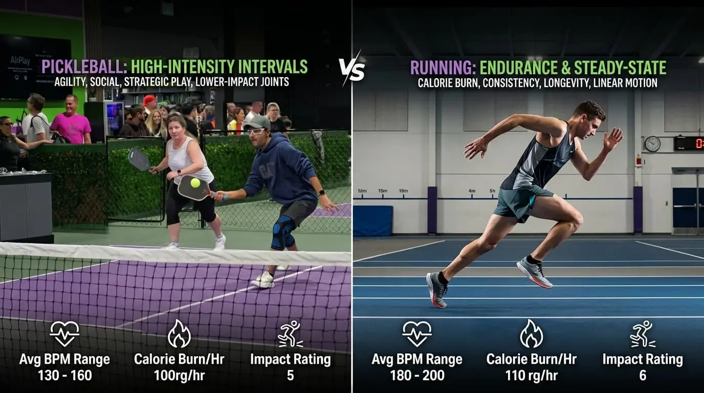 Infographic comparing pickleball interval training metrics with steady-state running performance.