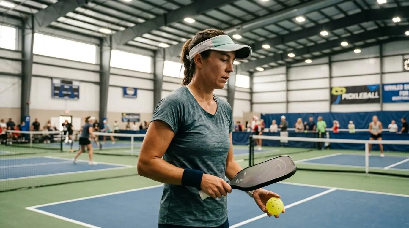 A focused female pickleball player holding a paddle and yellow ball on an indoor court.
